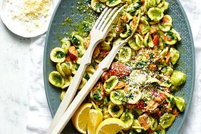 Pesto Orecchiette with Spinach and Smoked Salmon in large oval serving platter
