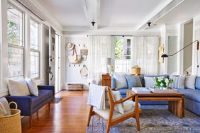 Living room with blue and wooden furniture