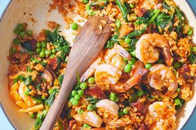 chorizo and shrimp paella in skillet