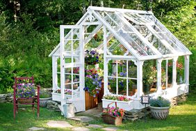 white greenhouse shed with open door
