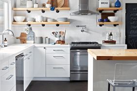 white kitchen with floating shelves