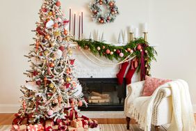 Christmas tree and fireplace with pink and orange decor