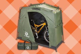 Collage of the YardStash Lightweight Outdoor Storage Tent on an orange gingham background