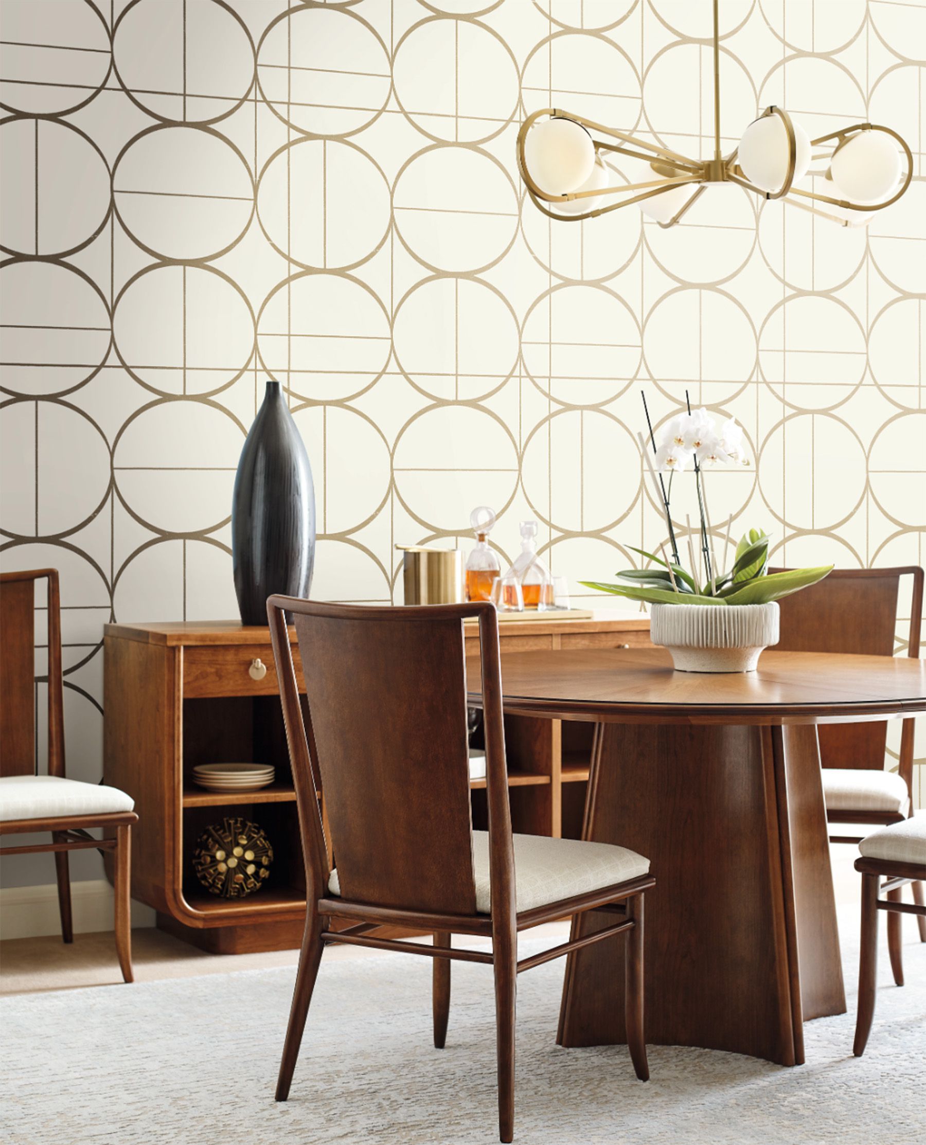 seventies style geometric wallpaper in dining room