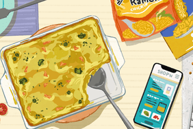 illustration of a casserole, salad, and eggs